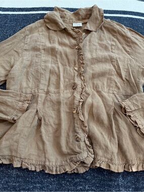 Click By Color Me Cotton Brown Ruffle Linen Button Shirt Women’s Top Sz XL
